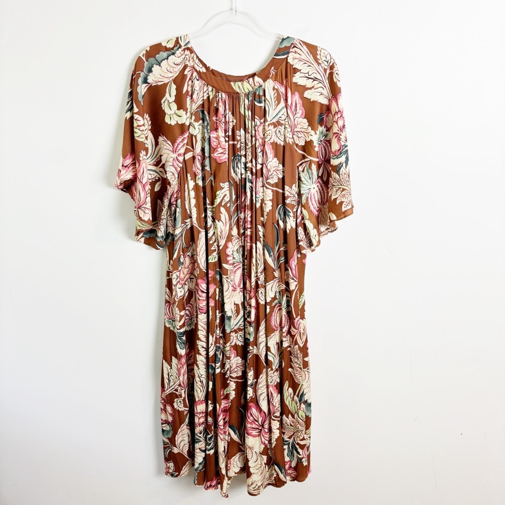 Anthropologie Leandra Pleated Midi Dress Brown Motif Size Small